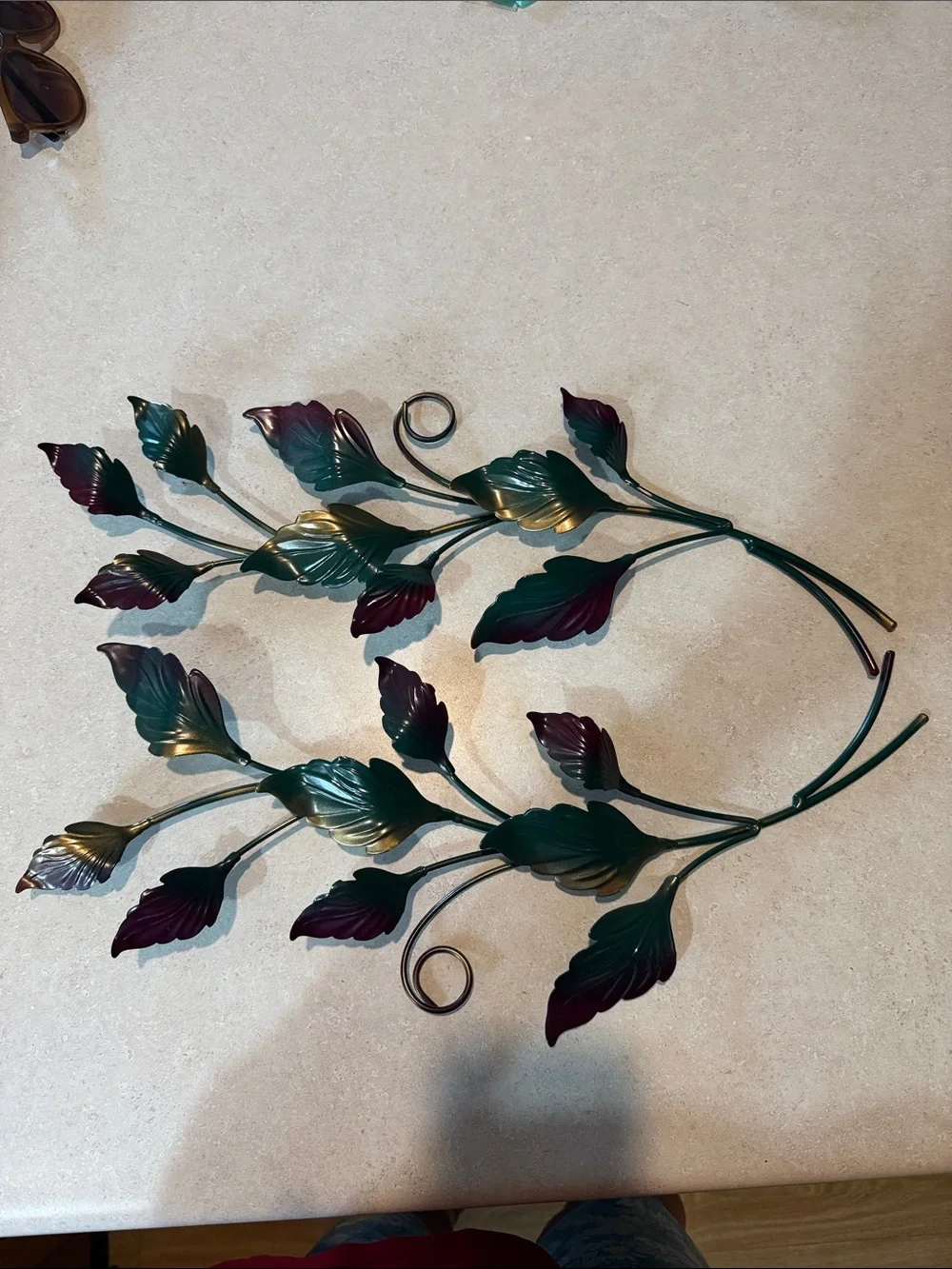 Vintage Decorative Metal Leaf Wall Accent in Green and Burgundy